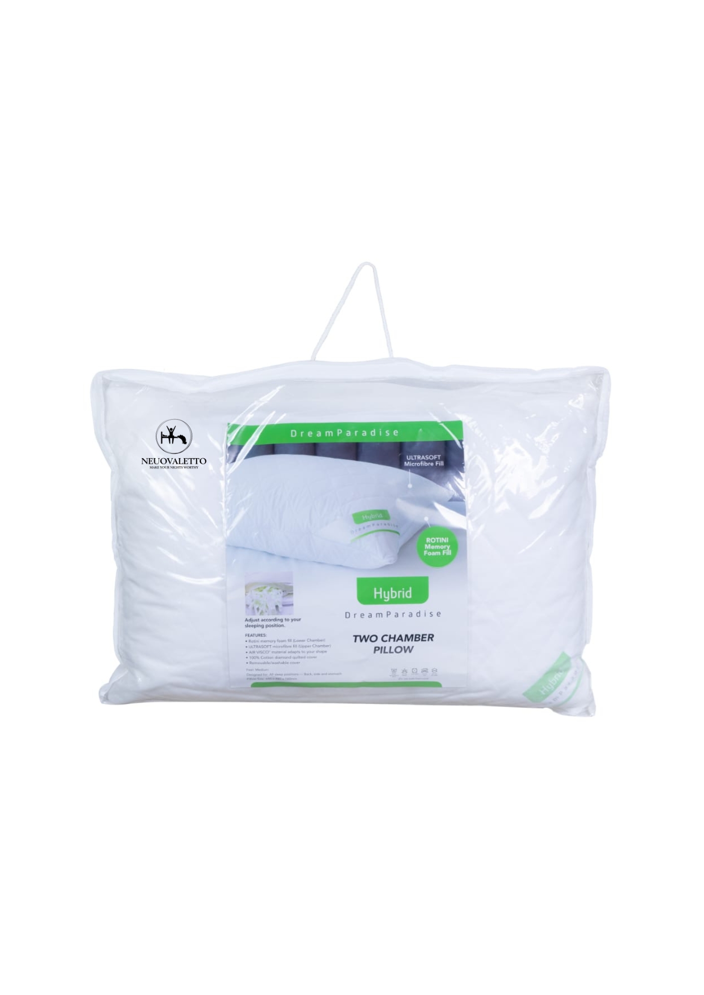 NEUOVALETTO Dream Paradise Pillow – Dual-Layer Design with Ultrasoft Microfiber & Rotini Memory Foam | Adjustable Comfort & 100% Cotton Quilted Cover